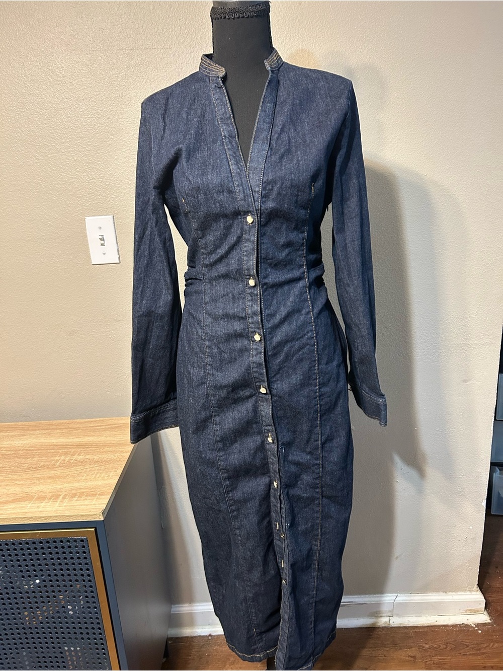 Zara Women L Dark Indigo Denim Midi Dress Button Front Long Sleeve Stretch